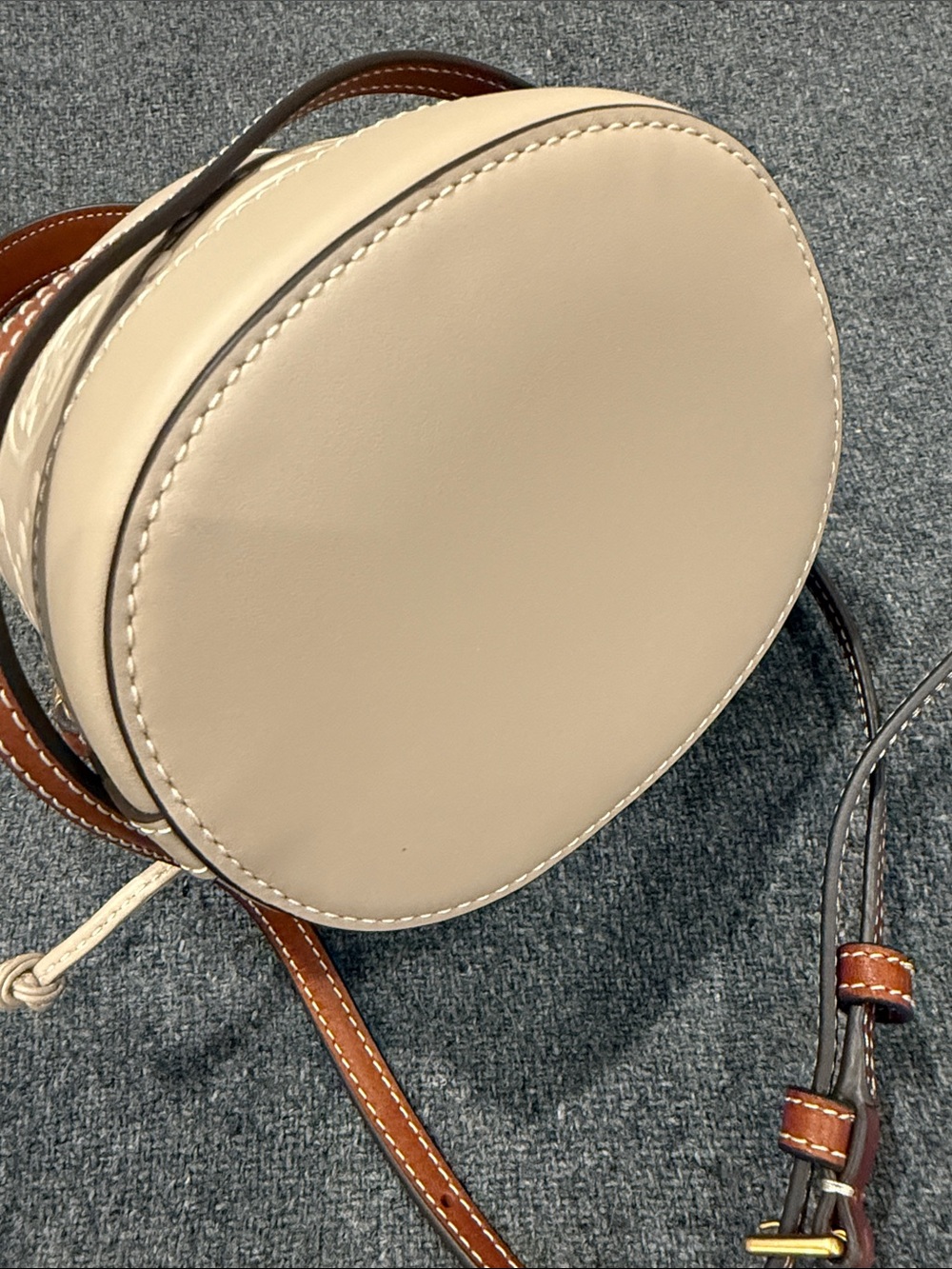 Tory Burch Beige Embossed Monogram Mini Bucket Bag - Picture 5 of 11
